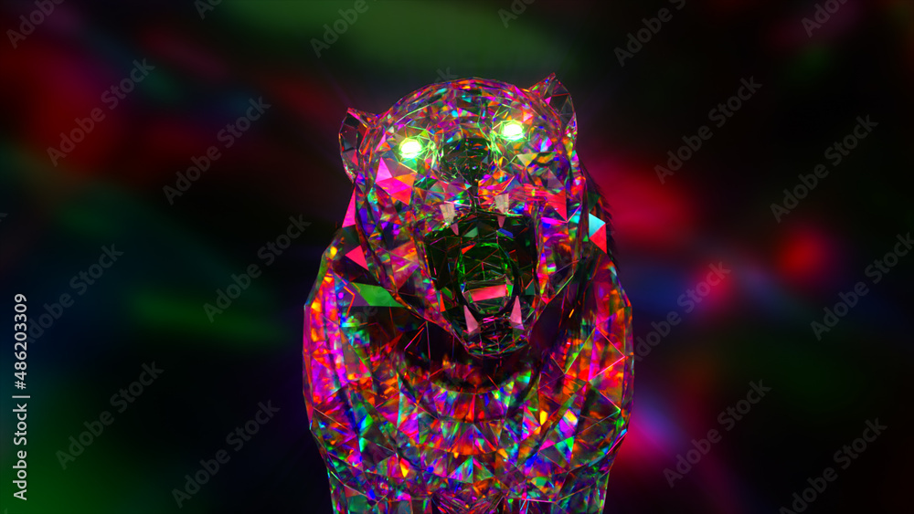 Snarling diamond tiger. Nature and animals concept. Lowpoly. Pink neon color. Symbol of 2022. 3d Illustration