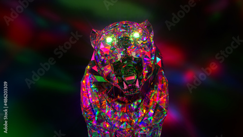 Snarling diamond tiger. Nature and animals concept. Lowpoly. Pink neon color. Symbol of 2022. 3d Illustration