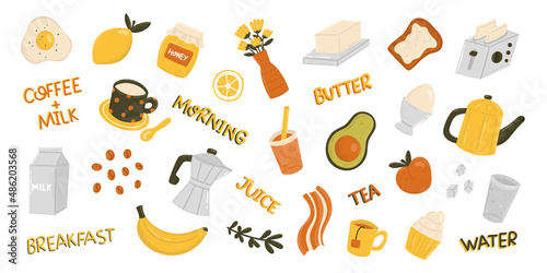 Morning and breakfast food doodle set with avocado, bacon, tea, coffee, milk, sandwich, banana, lemon, water, honey, eggs, orange juice, fruits and sweets. Hand drawn flat style vector illustration.