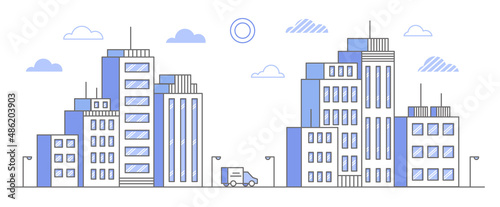 Suburban neighborhood city landscape. Skyscraper houses on the skyline. Homes near the road. Outline vector illustration.