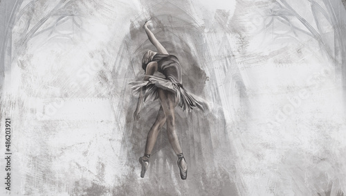 Print op canvas drawn ballerina in gothic columns on a textured background, photo wallpaper for