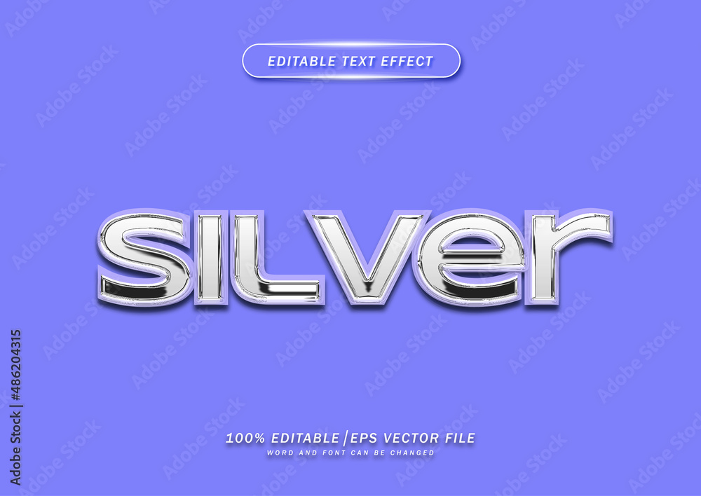 Realistic  Silver effect. 3d Silve simple elegant text logo. isolated blue background.