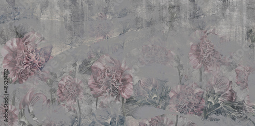 Fototapeta samoprzylepna malowane kwiaty na teksturowej ciemnej ścianie