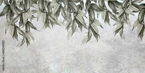 Fototapeta samoprzylepna dekoracyjne tropikalne liście zwisające z góry na szarym teksturowym tle