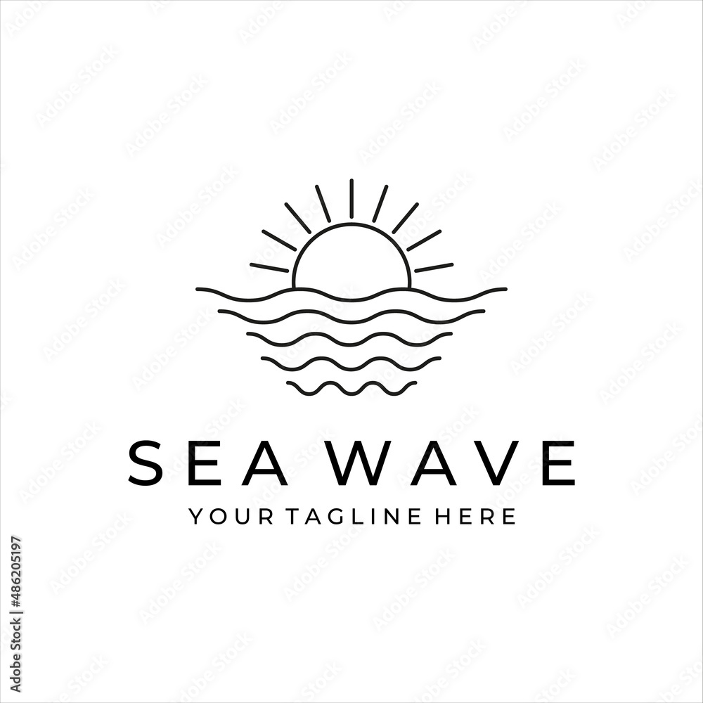 Ocean Wave And Sun Line Art Logo Vector Label Emblem Minimalist Design
