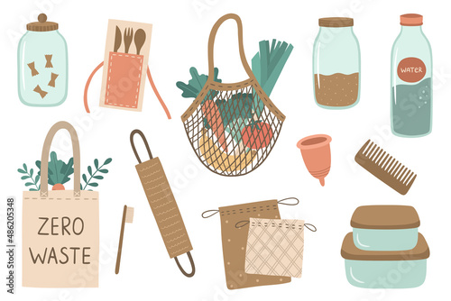 Set of Zero Waste recycle and reusable products. Hand drawn cute elements: glass jar, wooden comb, fabric bag, bamboo toothbrush. Save the planet, Go green, No plastic. Vector illustration