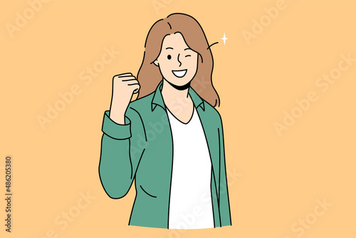 Power success and positive emotions concept. Smiling woman standing showing fist meaning success luck and achieving some goal vector illustration 
