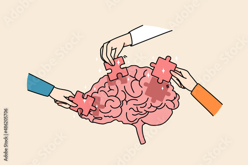 People hands put jigsaw puzzles into brain solve business problem. Businesspeople involved in team brainstorming find solution together. Teamwork thinking. Vector illustration. 