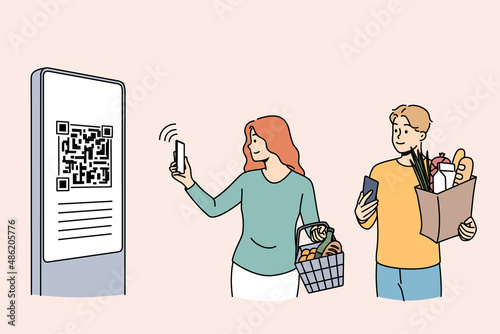 Online payment and qr code concept. Young couple standing holding bags with food paying online with smartphone on qr code vector illustration 