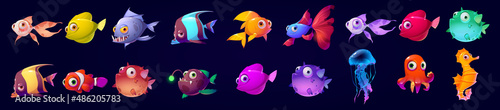 Cute underwater animals, fish, seahorse, jellyfish and octopus. Vector cartoon set of aquarium characters, funny marine creatures, puffer fish isolated on black background © klyaksun