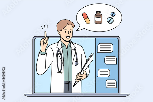 Online drugstore and pharmacy concept. Young smiling doctor pharmacist standing and showing pointing at drugs treatment online from laptop screen vector illustration 