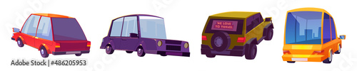 Modern cars, motor vehicles in front and back view. Vector cartoon set of new automobiles with sedan and hatchback cab. Different auto isolated on white background