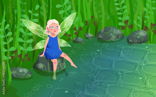 A little fairy with transparent wings sits on a stone by the stream. Plants, water. Children's cartoon character.