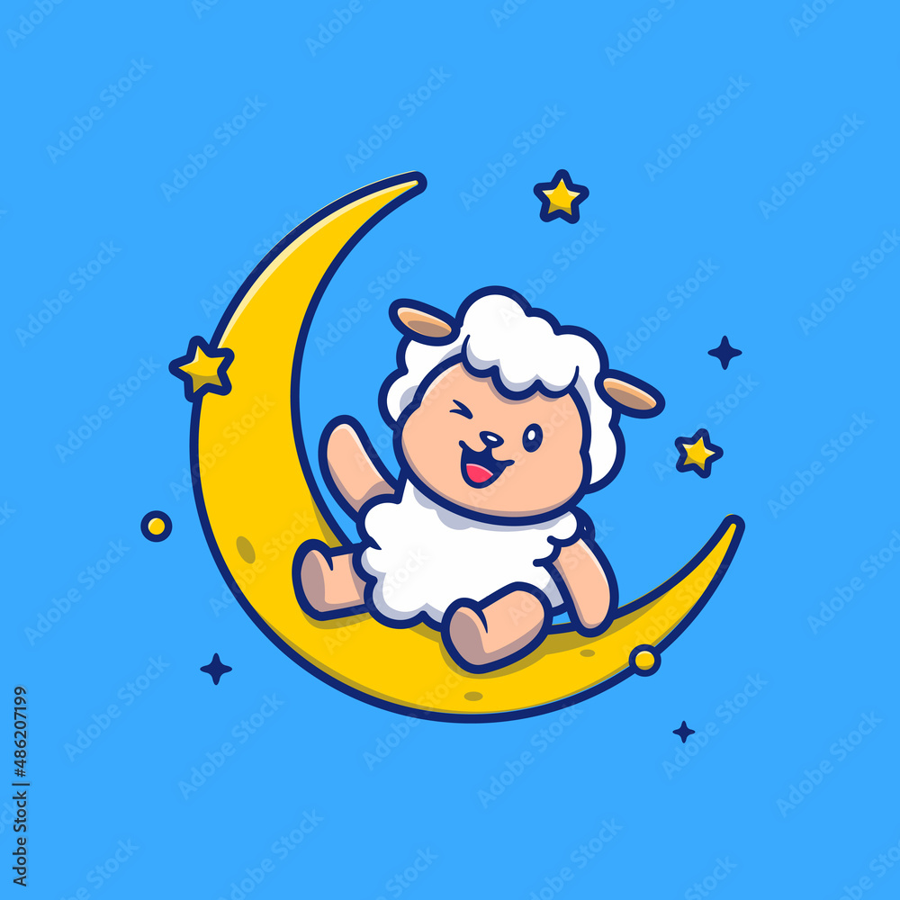 Cute Sheep Sitting On The Moon Cartoon Vector Icon Illustration. Animal Religion Icon Concept Isolated Premium Vector. Flat Cartoon Style