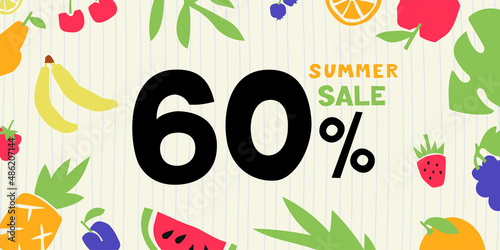 Summer sale. 60 percent. Colorful cutouts fruits and berries. Shape colored cardboard or paper.