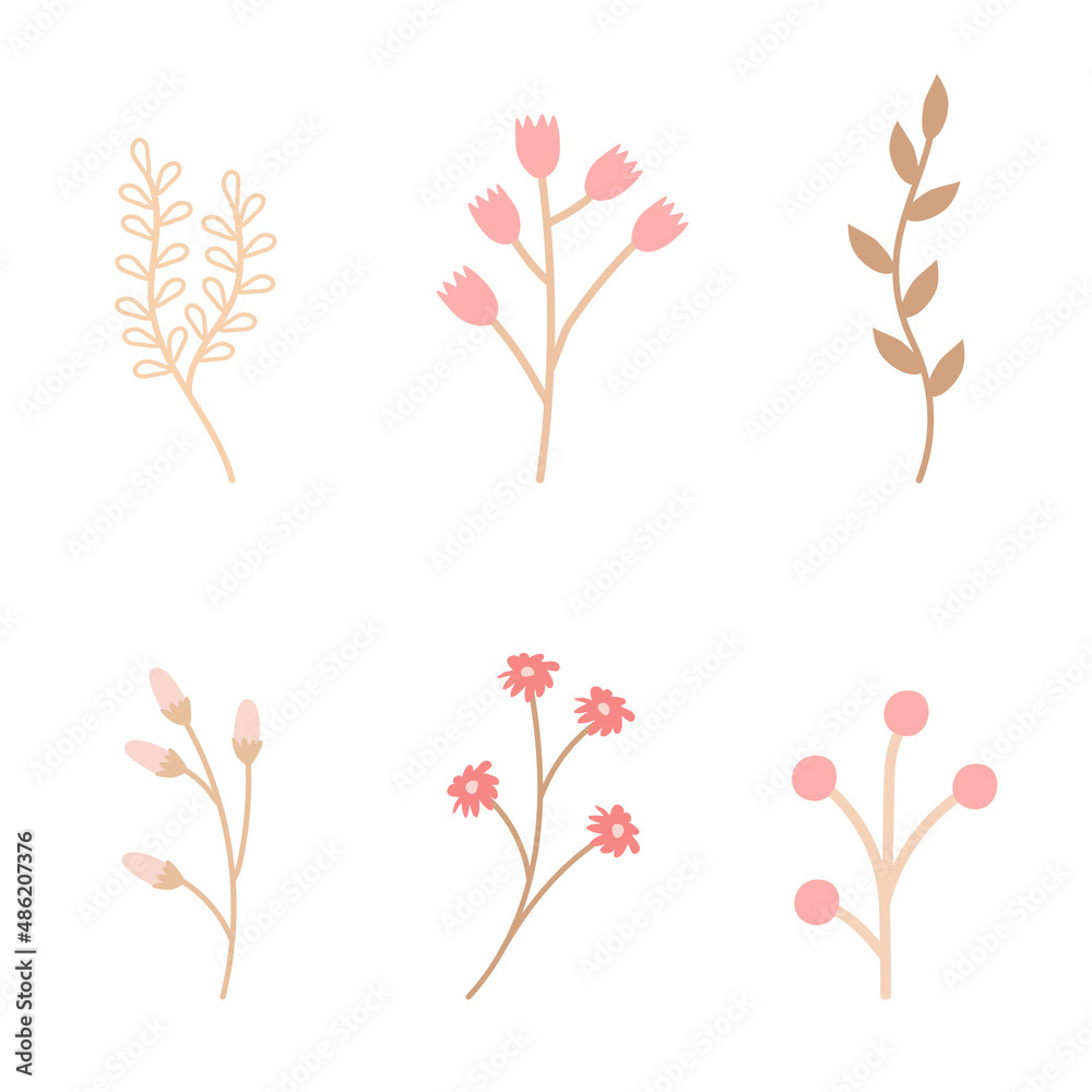 Set of spring twigs and flowers in a cozy rustic style of pink and beige. Vector simple uncomplicated illustration for design, decoration of postcards, invitations. - obrazy, fototapety, plakaty 