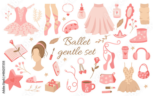 Ballet is a delicate set of feminine elements in shades of pink. Cute items pointe shoes, tutu, perfume, book, candle, ugg boots, phone, headphones, coffee. Vector collection for design or decoration