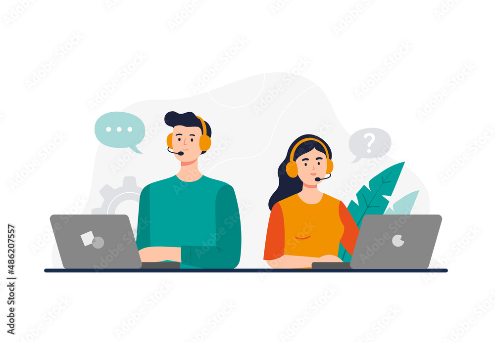 A man and woman from a call center. Dealing with a customer problem, answering calls, chatting with clients. Customer support department staff, telemarketing agents. Vector flat illustration.