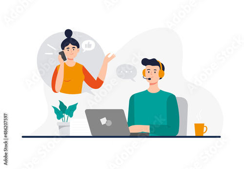 A man from a call center dealing with a customer problem. Online global technical support 24 7. Customer support department staff, telemarketing agents. Vector flat illustration. photo