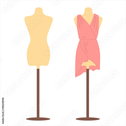 Two Portno dummies are typical female figures. The mannequin with dress and naked mannequin isolated on a white background. Simple illustration in a flat style. A model for designer clothes.