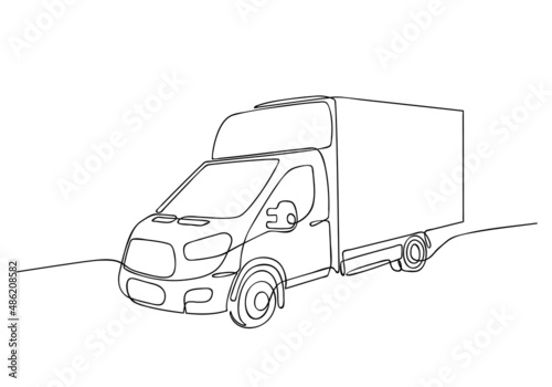 Modern truck. One continuous line drawing. Delivery of goods by trucks. Cargo taxi. Courier cargo van. Business for express delivery of goods, food, parcels. Sketch, linear drawing