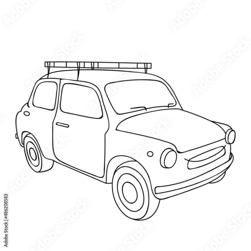 Retro car in minimalist line art drawing style. Vintage automobile isolated on white background. Doodle sketch, linear drawing old classic car. Vector illustration