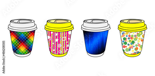 Paper coffee cups with bright festive patterns. Cups for drinks at children's events, fairs, birthdays, parties, matinees, children's cafes or eateries. Coffee to go. Hot drinks take away concept