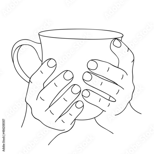 Female hands cozy holding large cup with tea or coffee. Sketch, linear drawing. Beautiful hand holding mug with hot beverage. Morning cup of coffee. Warm up with hot tea in cold weather