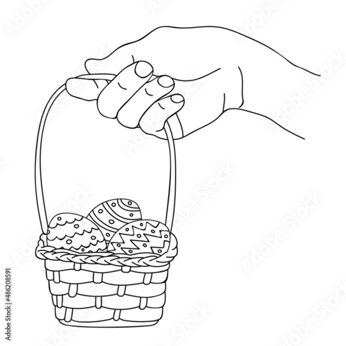 Happy Easter. Hand holding of easter basket with colored eggs. Coloring page with Easter basket. Symbol of spring religious holiday. Vector illustration on white background. Linear sketch