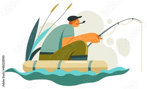 Man holding fishing rod sitting in boat on lake