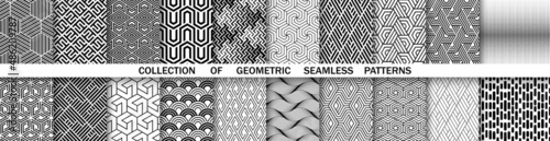 Geometric set of seamless black and white patterns. Simple vector graphics