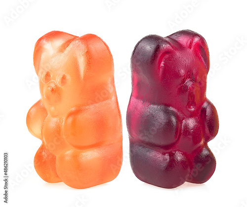 Two jelly marmalade bears isolated on a white background. Colorful fruit gummy candies.
