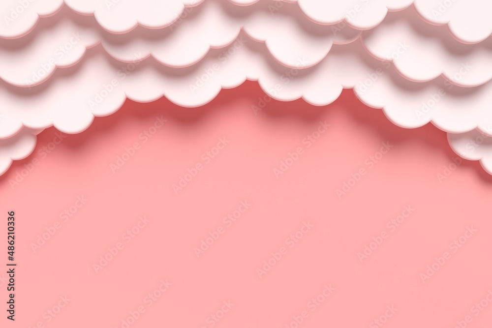 Paper cut white clouds on pink background. Sweet romantic layered border. 3d rendering illustration for Valentine's, Mother's Day, Easter. Paper cut white clouds on pink background. Sweet romantic layered border. 3d rendering illustration for Valentine's, Mother's Day, Easter.