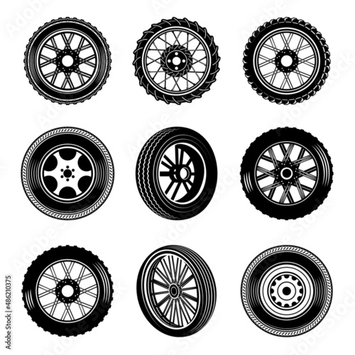 Set of different car and motorcycle wheels in monochrome style. Design element for logo, label, sign, poster, card. Vector illustration