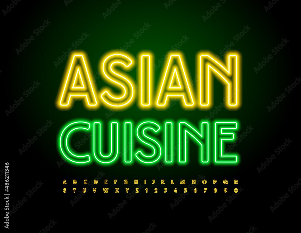 Obraz premium Vector Neon Sign Asian Cuisine. Electric Font. Bright Alphabet Letters and Numbers set
