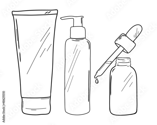 Doodle skincare cosmetics, vector illustration