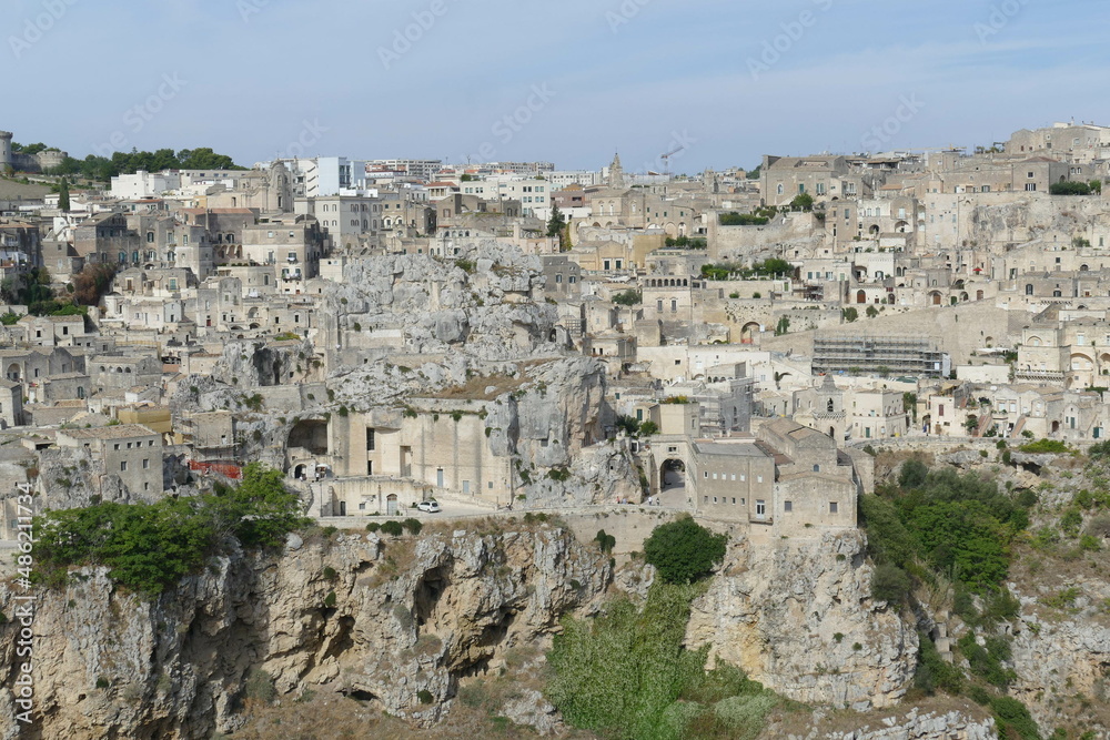closeup on Matera old town, Sasso Caveoso with rupestrian houses and Sasso Barisano from Murgia Materana Park viewpoint 