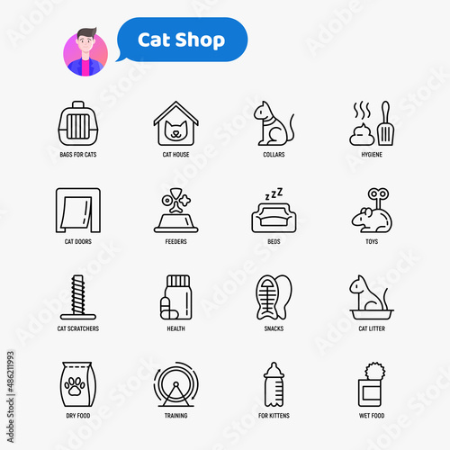 Cat shop thin line icons set: pet transport bag, hygiene, pet collars, doorway, toys, feeders, scratchers, cat litter box, snack, training. Modern vector illustration.