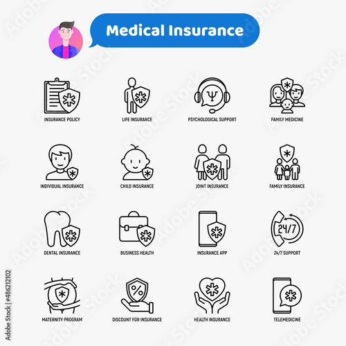 Medical insurance thin line icons set: policy, life insurance, psychological support, maternity program, 24/7 support, mobile app, telemedicine. Modern vector illustration.
