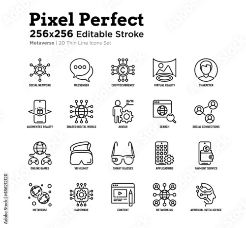 Metaverse thin line icons set: social network, virtual reality, avatar, shared digital world, smart glasses, vr helmet, ai, payment service. Pixel perfect, editable stroke. Vector illustration.
