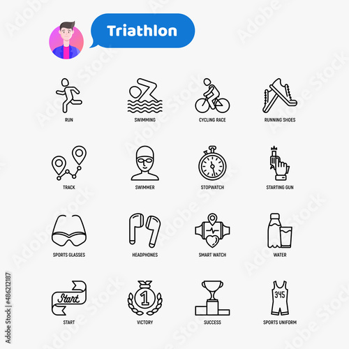 Triathlon thin line icons set: runner, swimmer, cycling race, stopwatch, starting, gun, sport glasses, start, victory, success. Modern vector illustration.