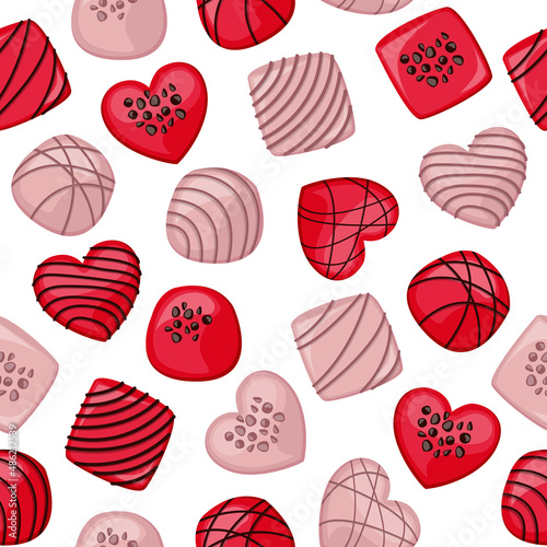 Vector seamless pattern with pink and red chocolate candies of various shapes.