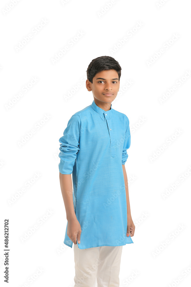 Indian boy in traditional wear and giving hand expression on white background. Indian boy in traditional wear and giving hand expression on white background.