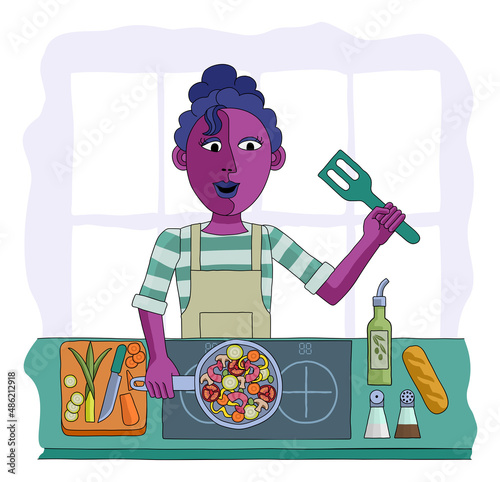 Woman Cooking Vegetable Curry Chinese Food Kitchen