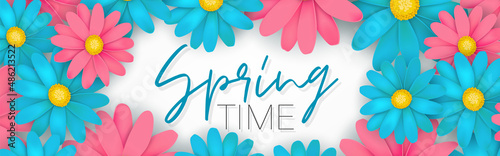 Spring time banner or newsletter header. Blue and pink realistic daisy or gerbera flowers. Floral promo design. Vector illustration.