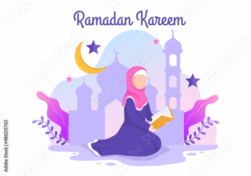 Ramadan Kareem with Praying Person Character in Flat Background Vector Illustration for Religious Holiday Islamic Eid Fitr or Adha Festival Banner or Poster