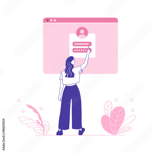 Online sign up, flat female character in vector