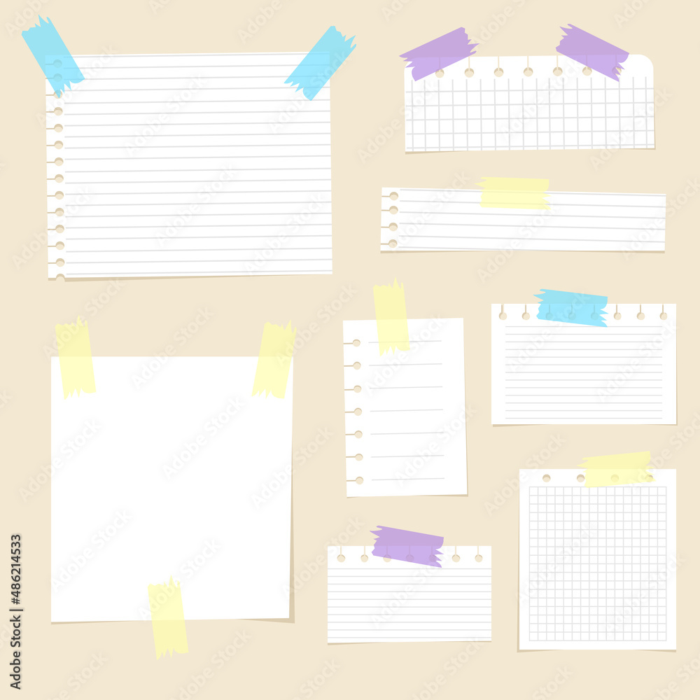 Set of torn white note, notebook lined and blank paper pieces stuck on light brown background. Vector illustration Set of torn white note, notebook lined and blank paper pieces stuck on light brown background. Vector illustration