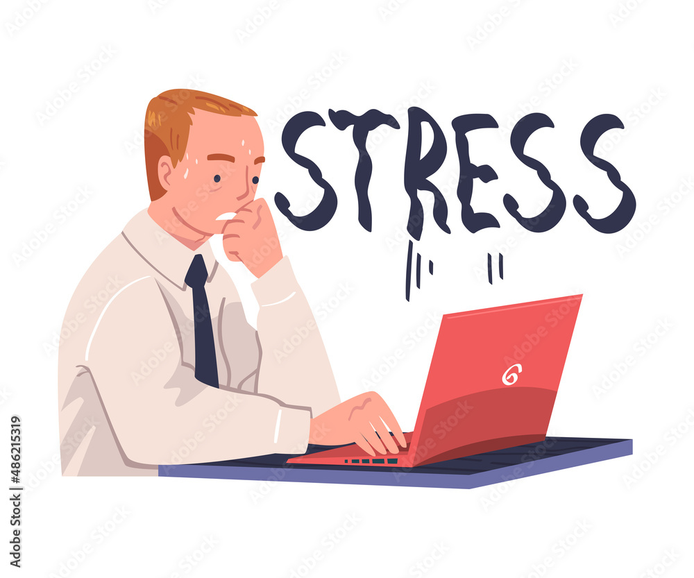 Young Busy Man Character in Stress Feeling Tired and Exhausted Sitting at Laptop Vector Illustration Young Busy Man Character in Stress Feeling Tired and Exhausted Sitting at Laptop Vector Illustration