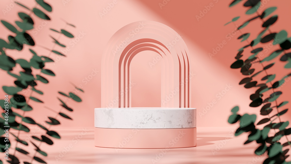 3D rendering image illustration of empty space podium display for product mockup natural background